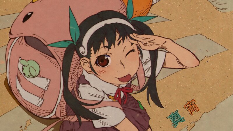 Anime Girl with Backpack — Brown, Playful