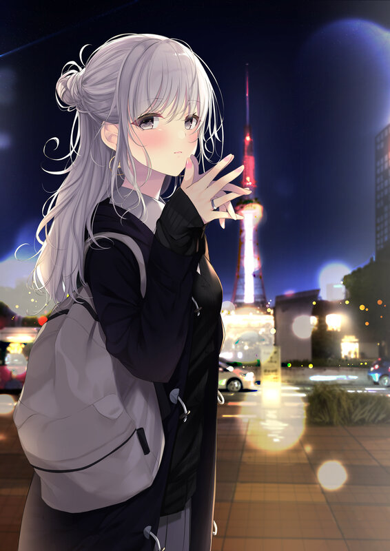 Anime Girl with Backpack — Gray, Calm