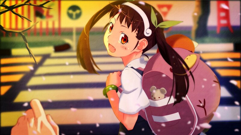 Anime Girl with Backpack — Pink, Cheerful, Spring, School Uniform