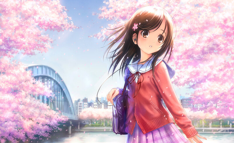 Anime Girl with Backpack — Pink, Serene, Spring, Cherry Blossoms