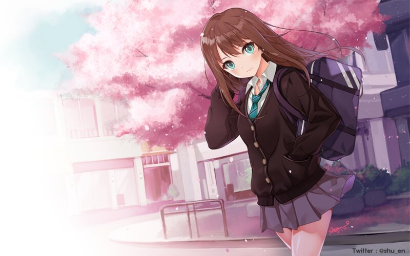 Anime Girl with Backpack — Pink, Serene, Spring, Digital Art