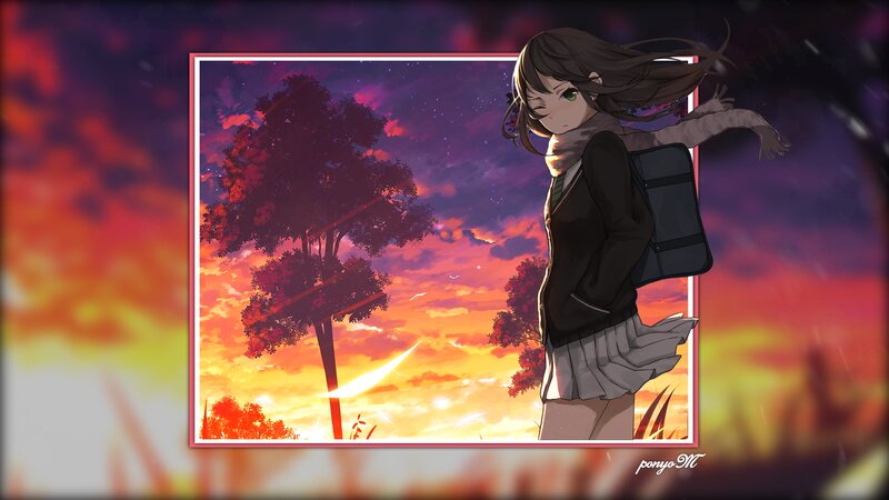 Anime Girl with Backpack — Purple, Dramatic, Sunset