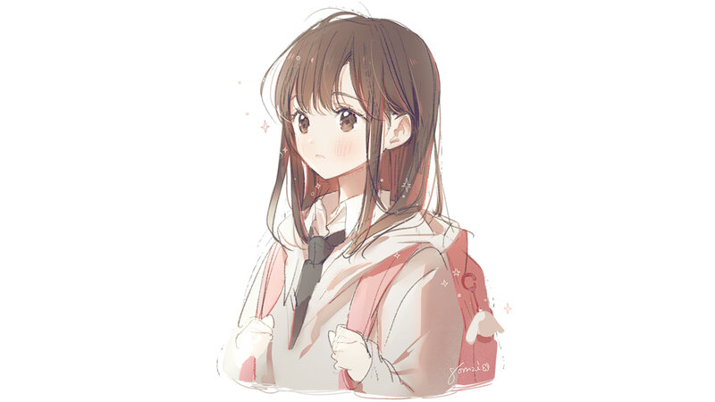 Anime Girl with Backpack — White, Calm, Digital Art, School Uniform, Stars