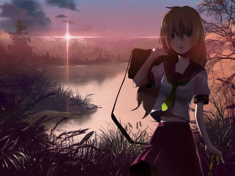 Anime Girl with Bag — Purple, Serene