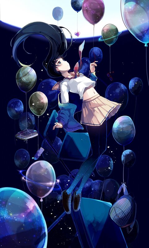Anime Girl with Balloons — Blue, Dreamy, Night, Digital Art