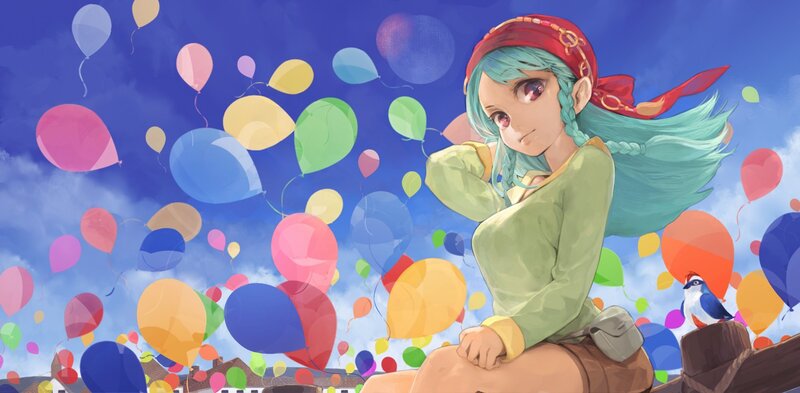 Anime Girl with Balloons — Blue, Festive, Afternoon, Digital Art