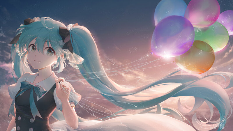 Anime Girl with Balloons — Blue, Serene, Sunset