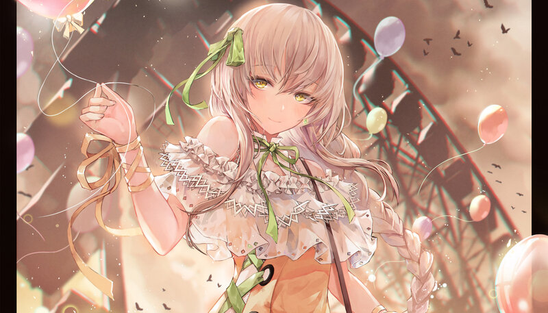 Anime Girl with Balloons — Pink, Festive, Afternoon, Digital Art
