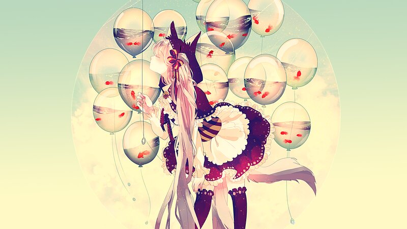 Anime Girl with Balloons — White, Dreamy