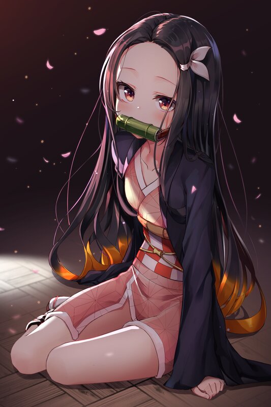 Anime Girl with Bamboo — Black, Calm, Night