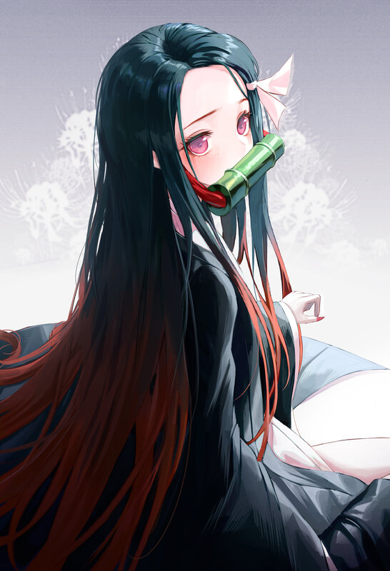 Anime Girl with Bamboo — Black, Calm
