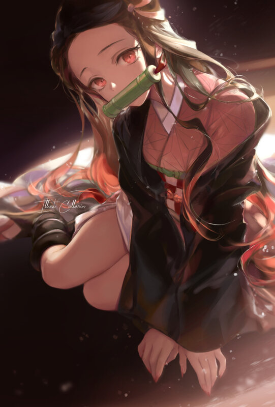 Anime Girl with Bamboo — Black, Dramatic