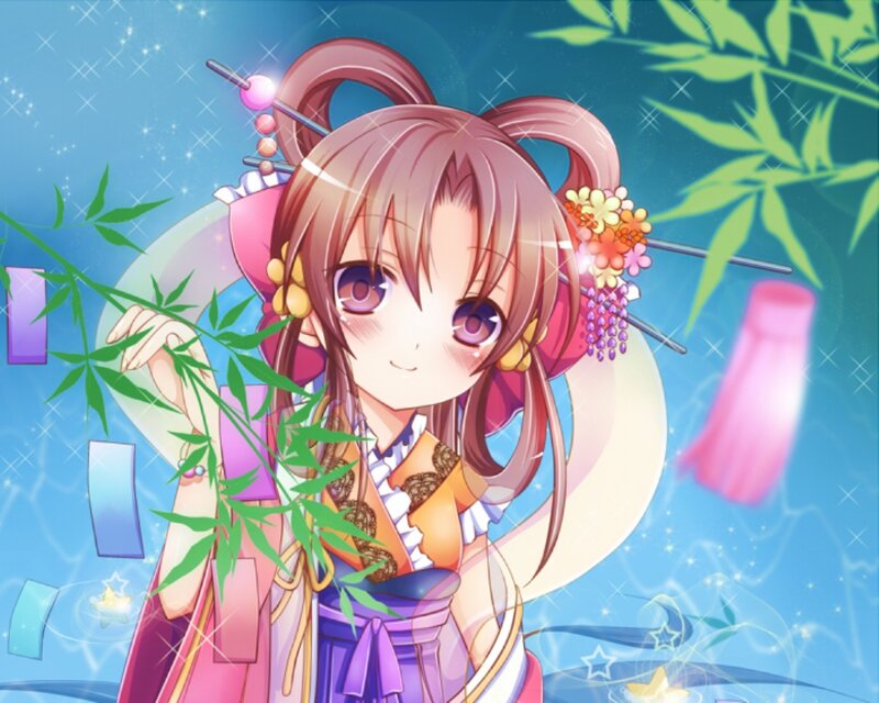 Anime Girl with Bamboo — Blue