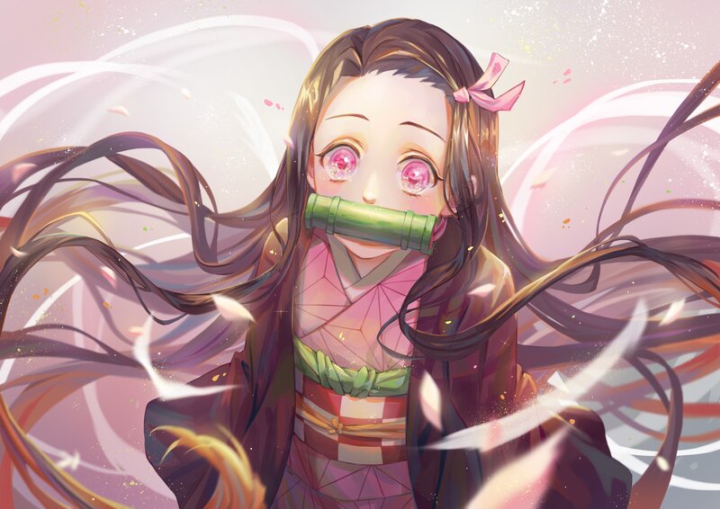 Anime Girl with Bamboo — Pink, Calm, Digital Art, Kimono