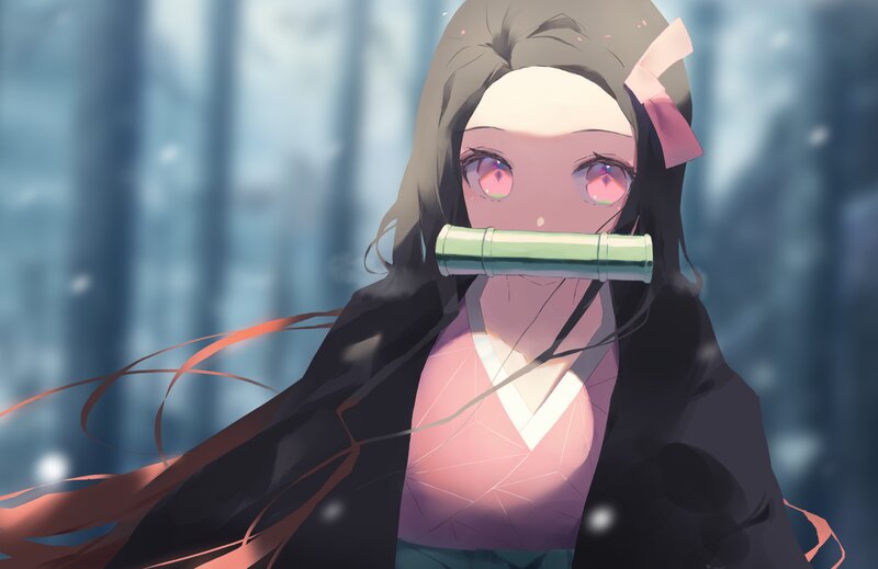 Anime Girl with Bamboo — Pink, Calm, Winter, Digital Art