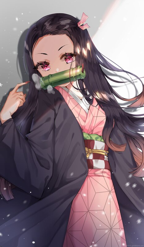 Anime Girl with Bamboo — Pink, Calm, Winter