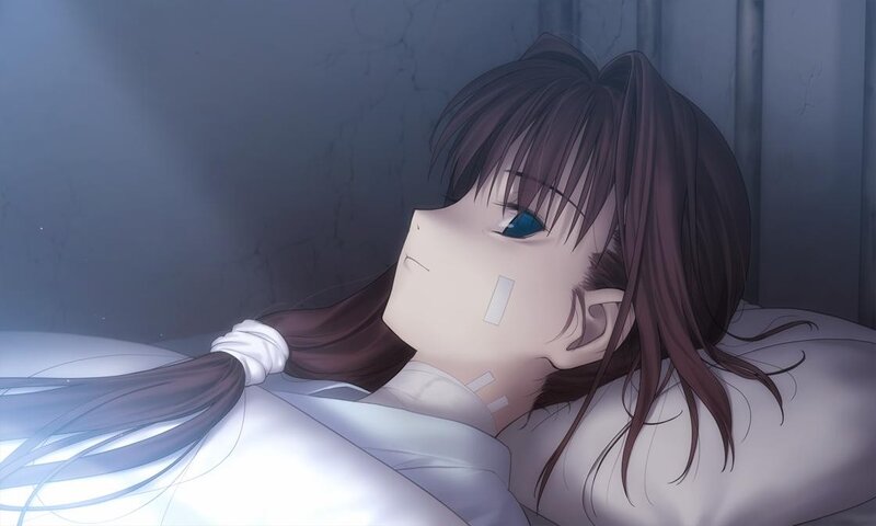 anime girl with bandages in bed