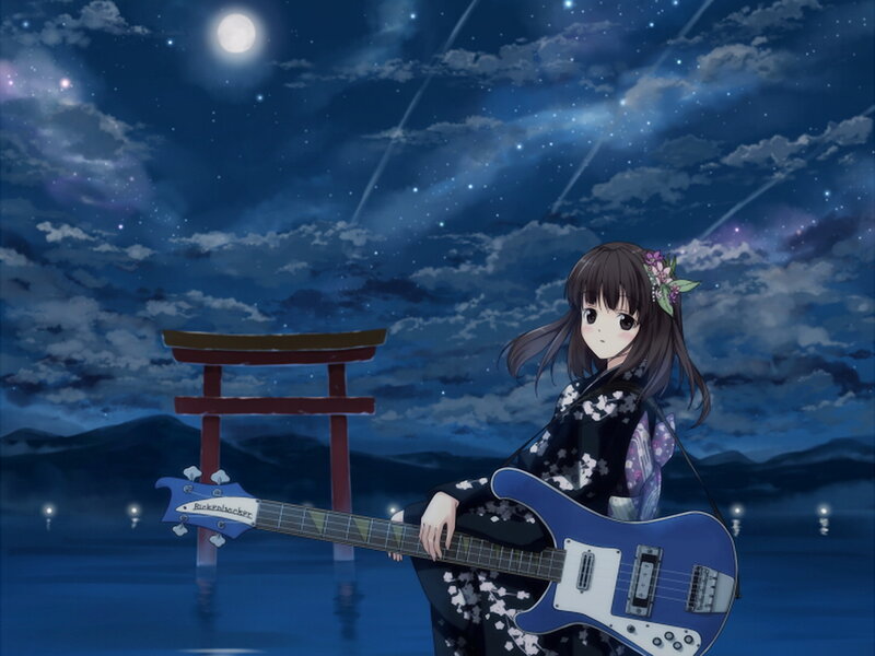 Anime girl with bass guitar at night