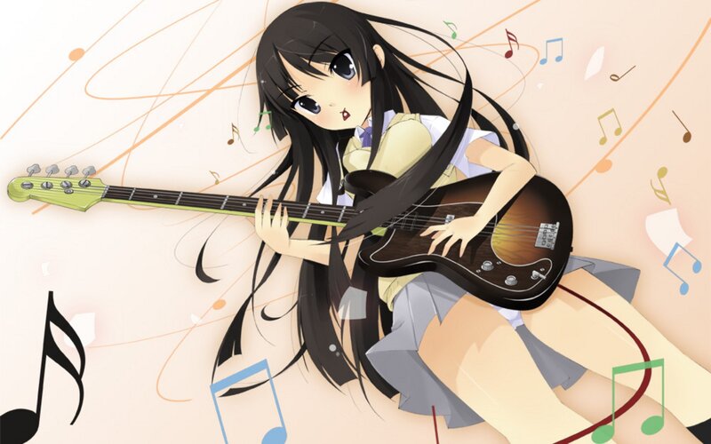 Anime Girl with Bass Guitar — Beige, Playful
