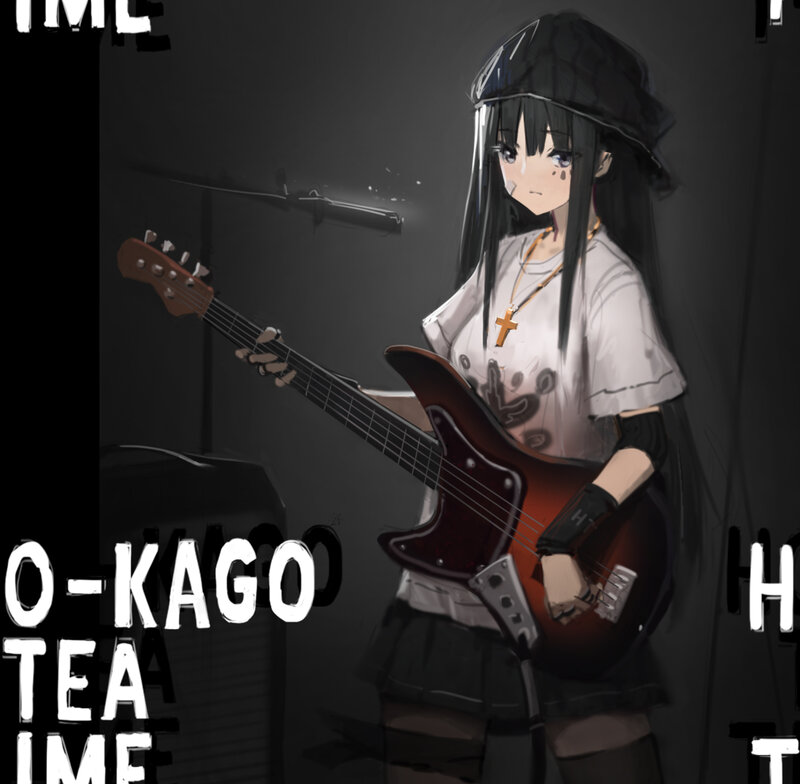 Anime Girl with Bass Guitar — Black, Dramatic, Night, Digital Art, Microphone