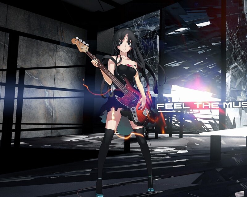 Anime Girl with Bass Guitar — Black, Dramatic, Night, Digital Art