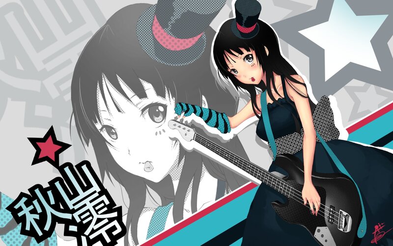 Anime Girl with Bass Guitar — Black, Energetic, Top Hat