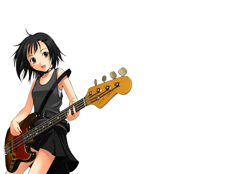 Anime Girl with Bass Guitar — Black, Playful, Bass Guitar, Black Hair