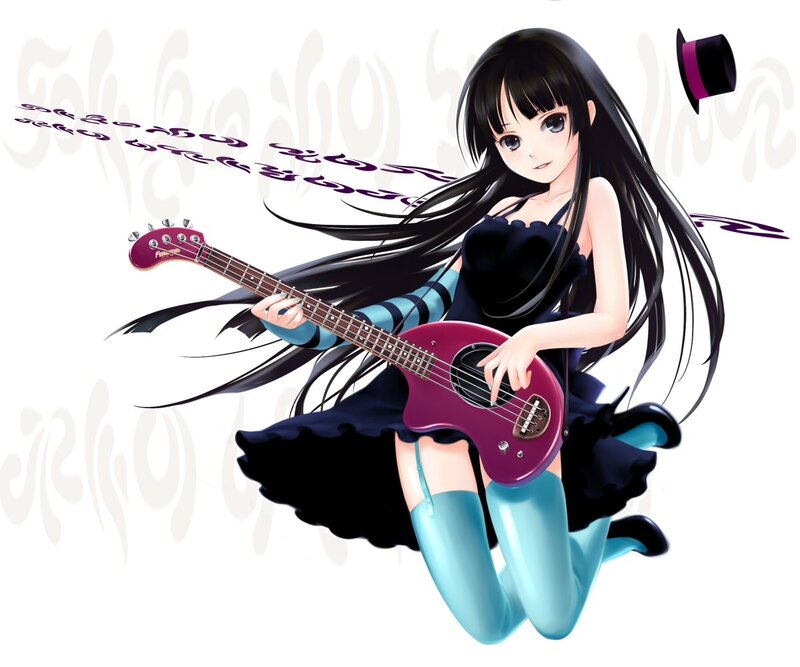 Anime Girl with Bass Guitar — Black, Playful, Bass Guitar, Top Hat, Long Hair, Purple, Blue