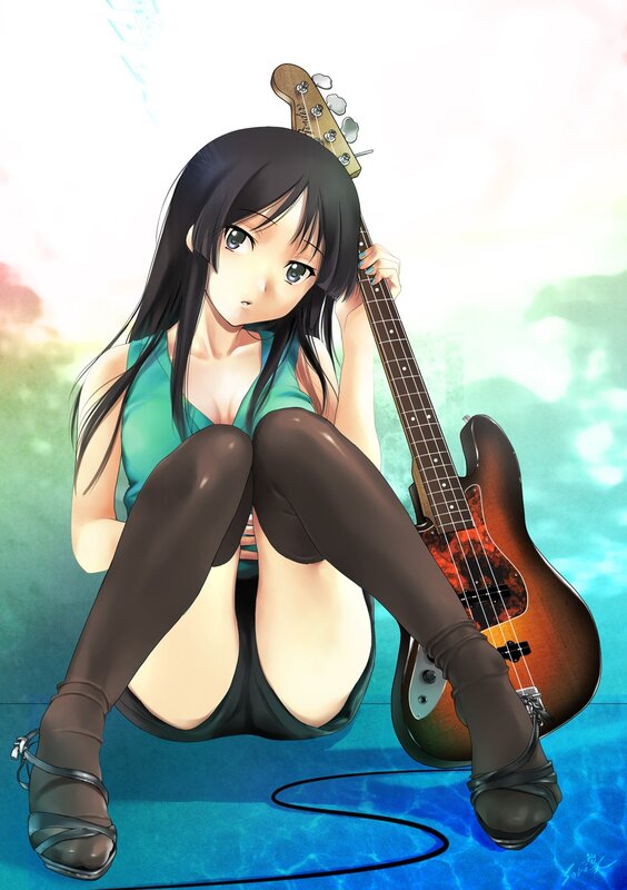 Anime Girl with Bass Guitar — Blue, Calm, Bass Guitar, Tights