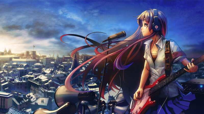 Anime Girl with Bass Guitar — Blue, Dramatic, Sunset