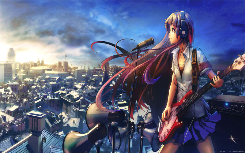 Anime Girl with Bass Guitar — Blue, Dramatic