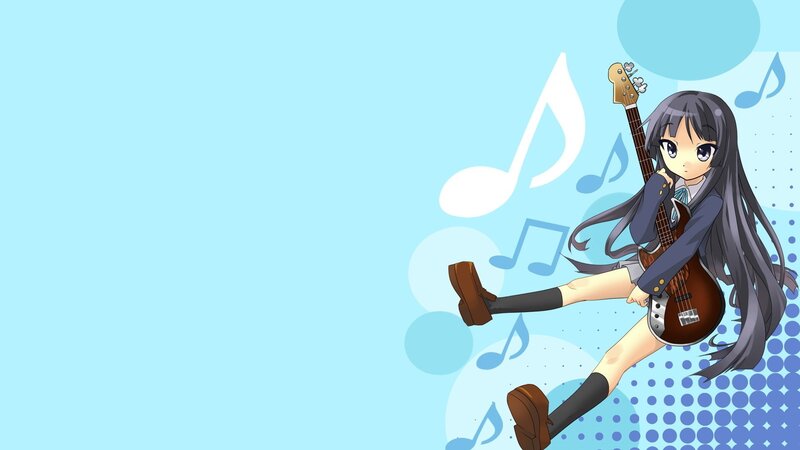 Anime Girl with Bass Guitar — Blue, Playful, Music Notes