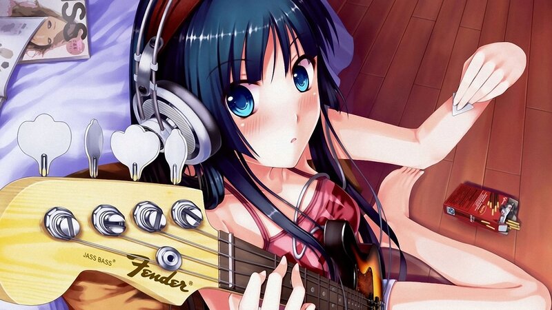 Anime Girl with Bass Guitar — Blue, Relaxed, Headphones, Bass Guitar, Bed, Brown, Pink