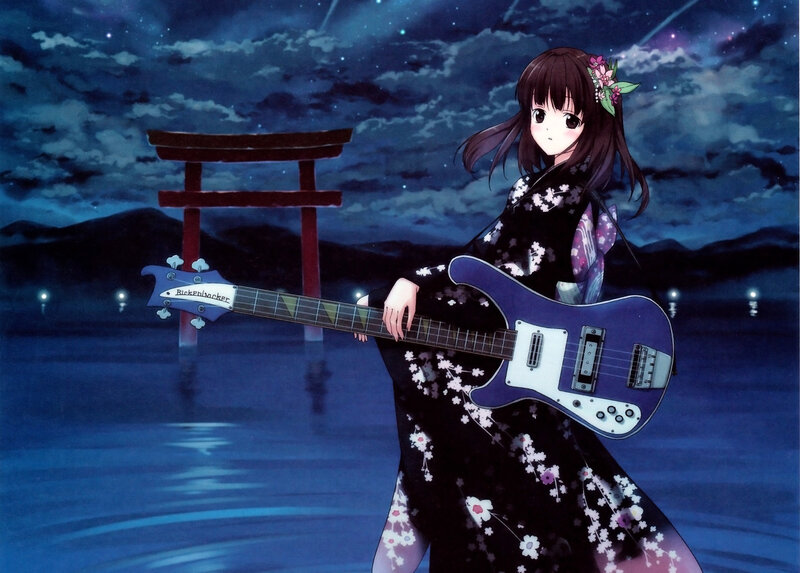 Anime Girl with Bass Guitar — Blue, Serene