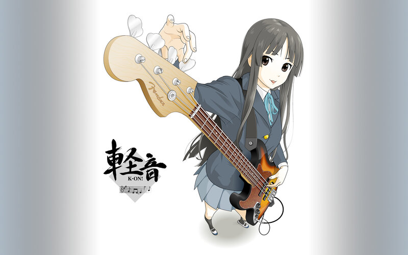 Anime Girl with Bass Guitar — Gray, Playful, Bass Guitar, School Uniform