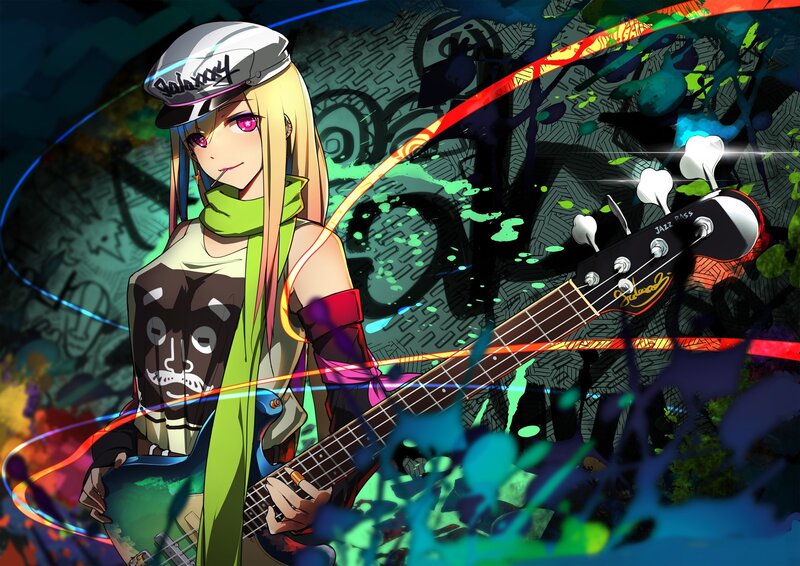 Anime Girl with Bass Guitar — Green, Energetic
