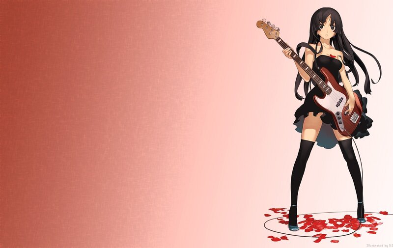 Anime Girl with Bass Guitar — Pink, Confident, Bass Guitar, Rose Petals, Black Dress, Black