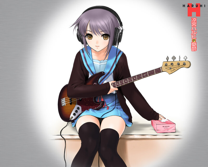 Anime Girl with Bass Guitar — Purple, Black