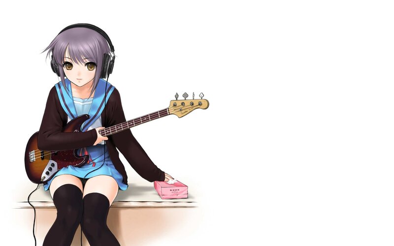 Anime Girl with Bass Guitar — Purple, Calm, Headphones, Bass Guitar, Tissue Box