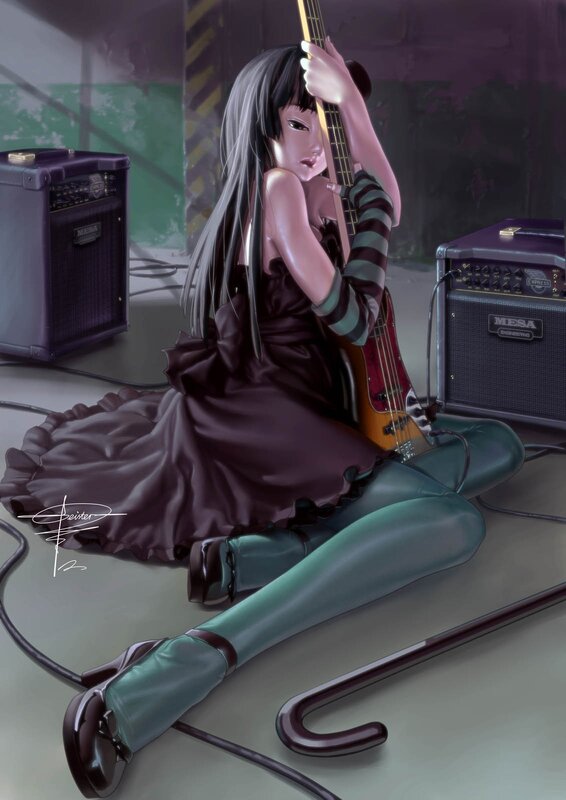 Anime Girl with Bass Guitar — Purple, Dramatic, Digital Art