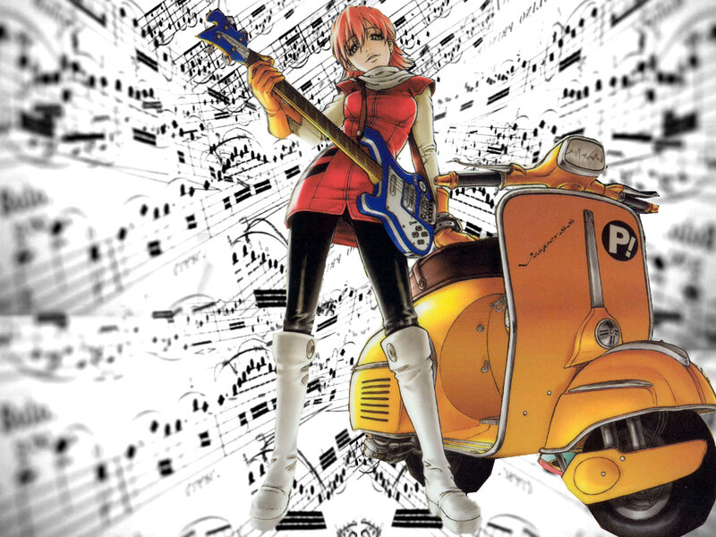 Anime Girl with Bass Guitar — Red, Dynamic, Manga