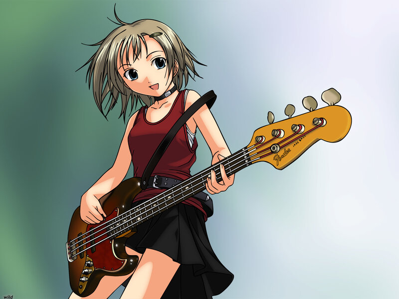 Anime Girl with Bass Guitar — Red, Playful, Bass Guitar