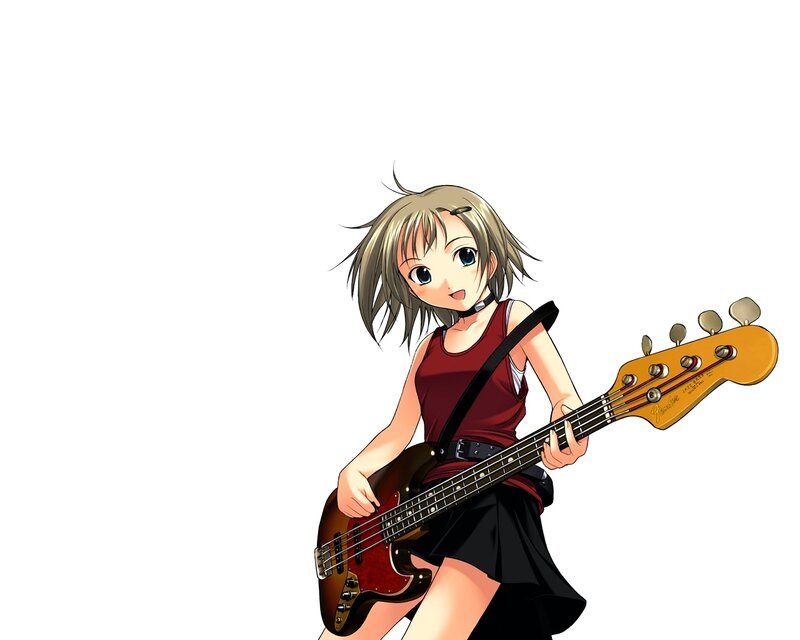 Anime Girl with Bass Guitar — Red, Playful