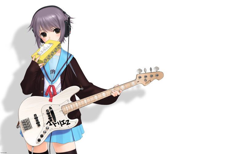 Anime Girl with Bass Guitar — White, Neutral, Digital Art