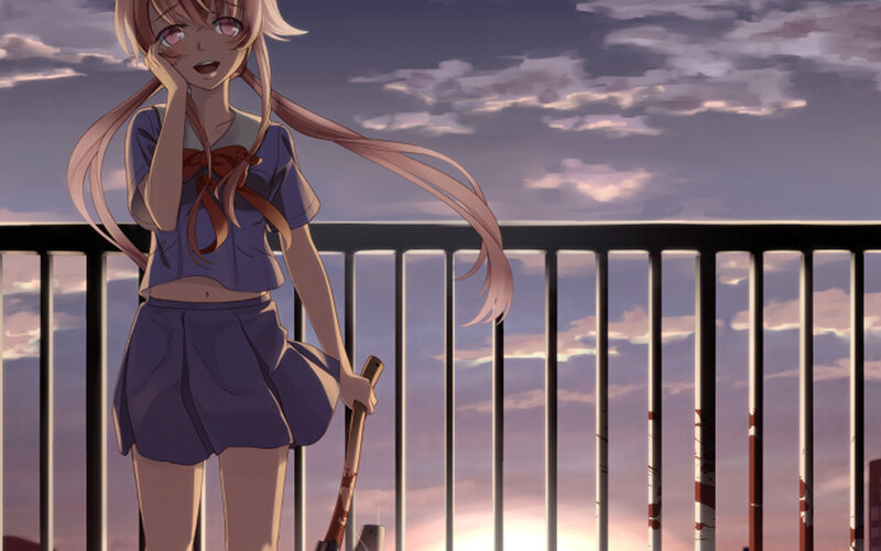 Anime girl with bat at sunset