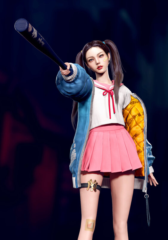 Anime Girl with Bat — Blue, Dramatic, Night, 3d Render