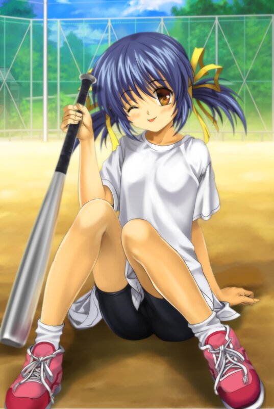 Anime Girl with Bat — Blue, Playful, Afternoon