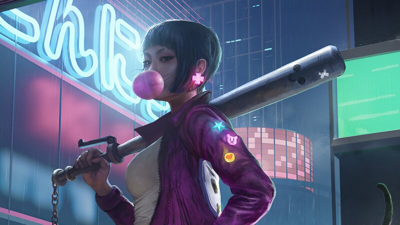 Anime Girl with Bat — Purple, Dramatic, Night