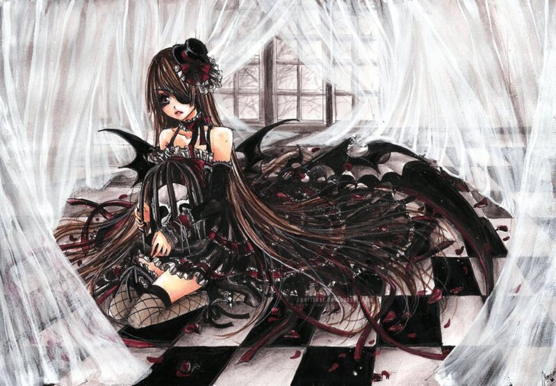 Anime Girl with Bat Wings — Black, Dramatic, Digital Art