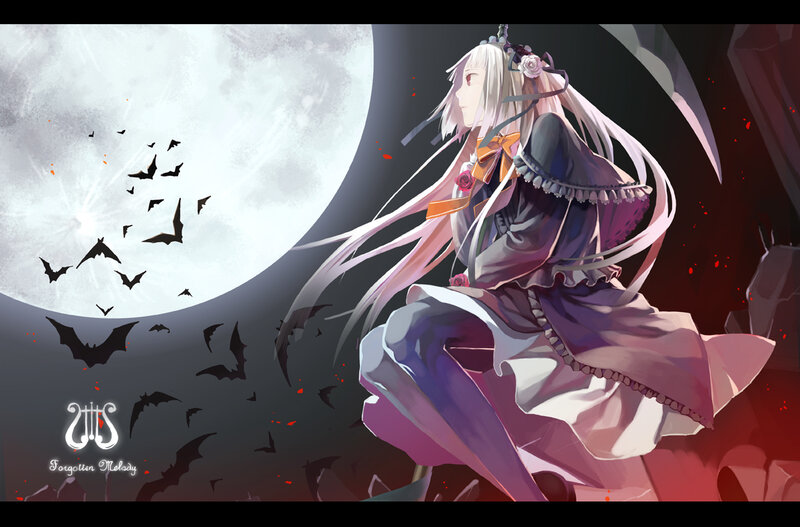 Anime girl with bats and moon